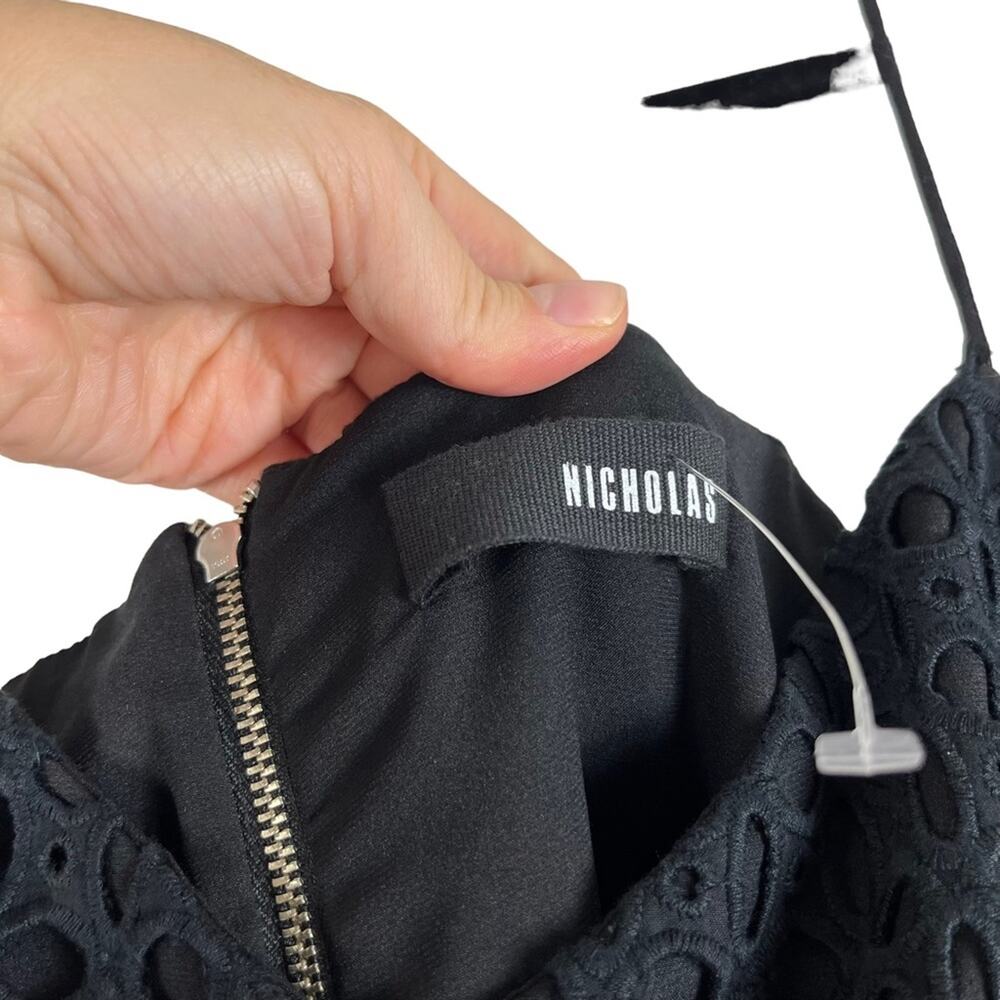 Nicholas | Midi Eyelet Cut Out Perforated Sheath Cocktail Dress Black Size 6 - Picture 6 of 9